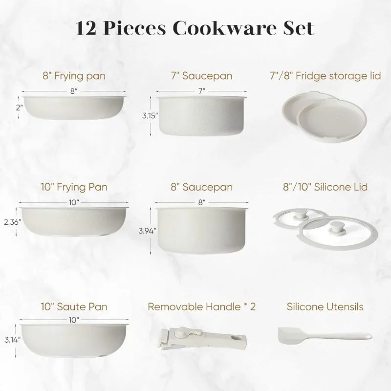 12 Piece Nonstick Pots and Pans Set with Detachable Handle